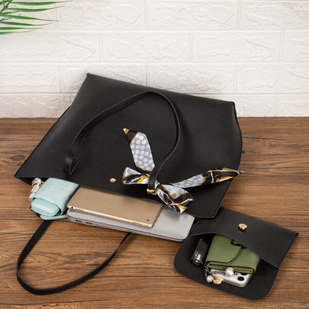 Black Classic Shoulder Clutch Bag Set Minimalist Vegan Leather - Picture 4 of 4